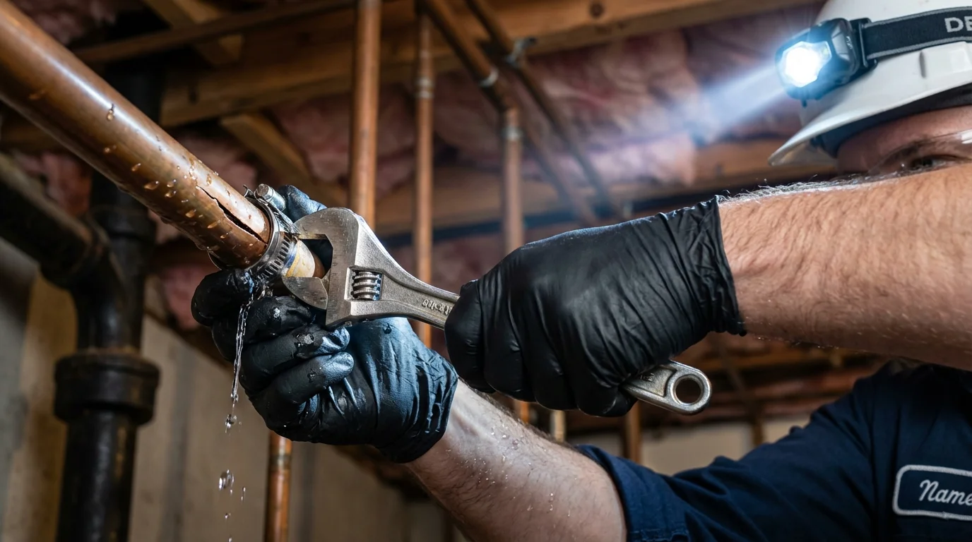 Emergency pipe clamp repair being performed by a Johns Plumbing LLC plumber in Barnhart