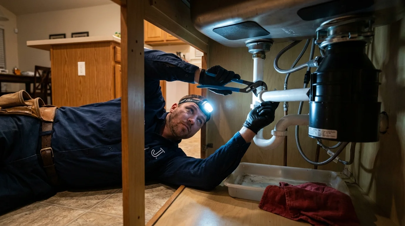 P-trap and supply line connections under a kitchen sink showing a common leak point in Barnhart, MO